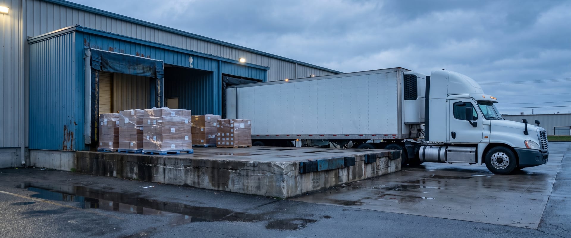 Laderampe mit palettierten Kartons und angedocktem Lkw