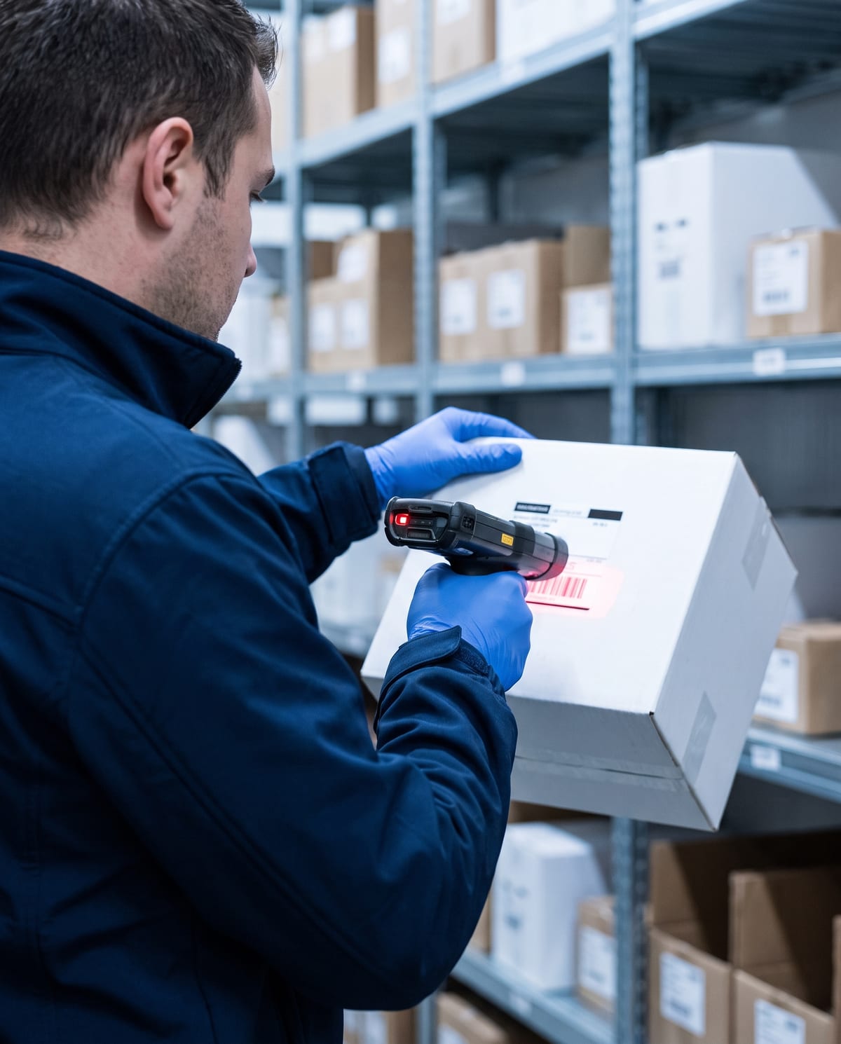 Lagermitarbeiter mit Handschuhen scannt den Barcode eines Kartons